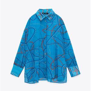 Zara Blue Button-Up Shirt with Bold Rope Print, Size XS